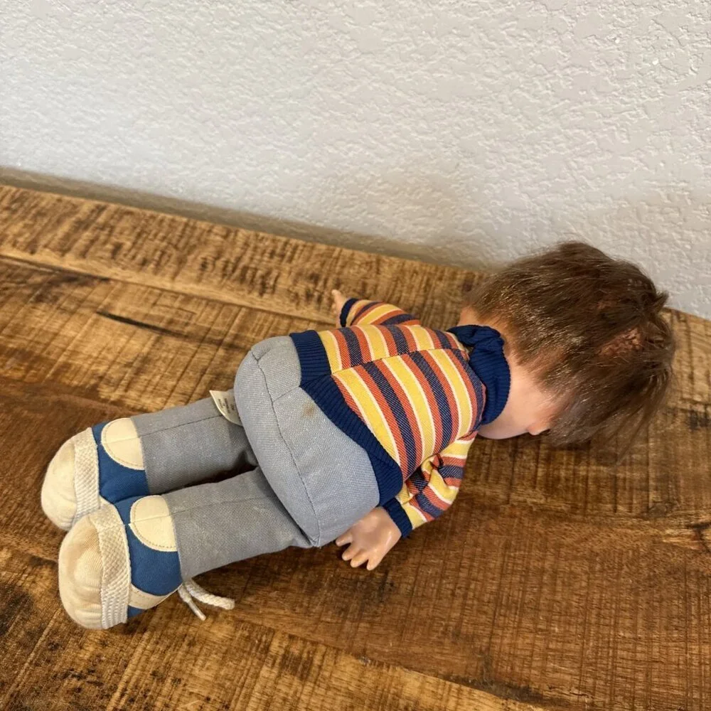 1974 Vintage Fisher Price Joey Lapsitter Doll #206 Tie Shoe Laces Striped Shirt